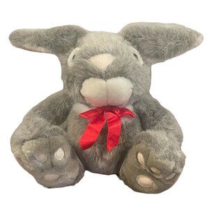 Vintage Mervyns People Pals Bunny Rabbit Grey Plush Stuffed Animal Easter Bow